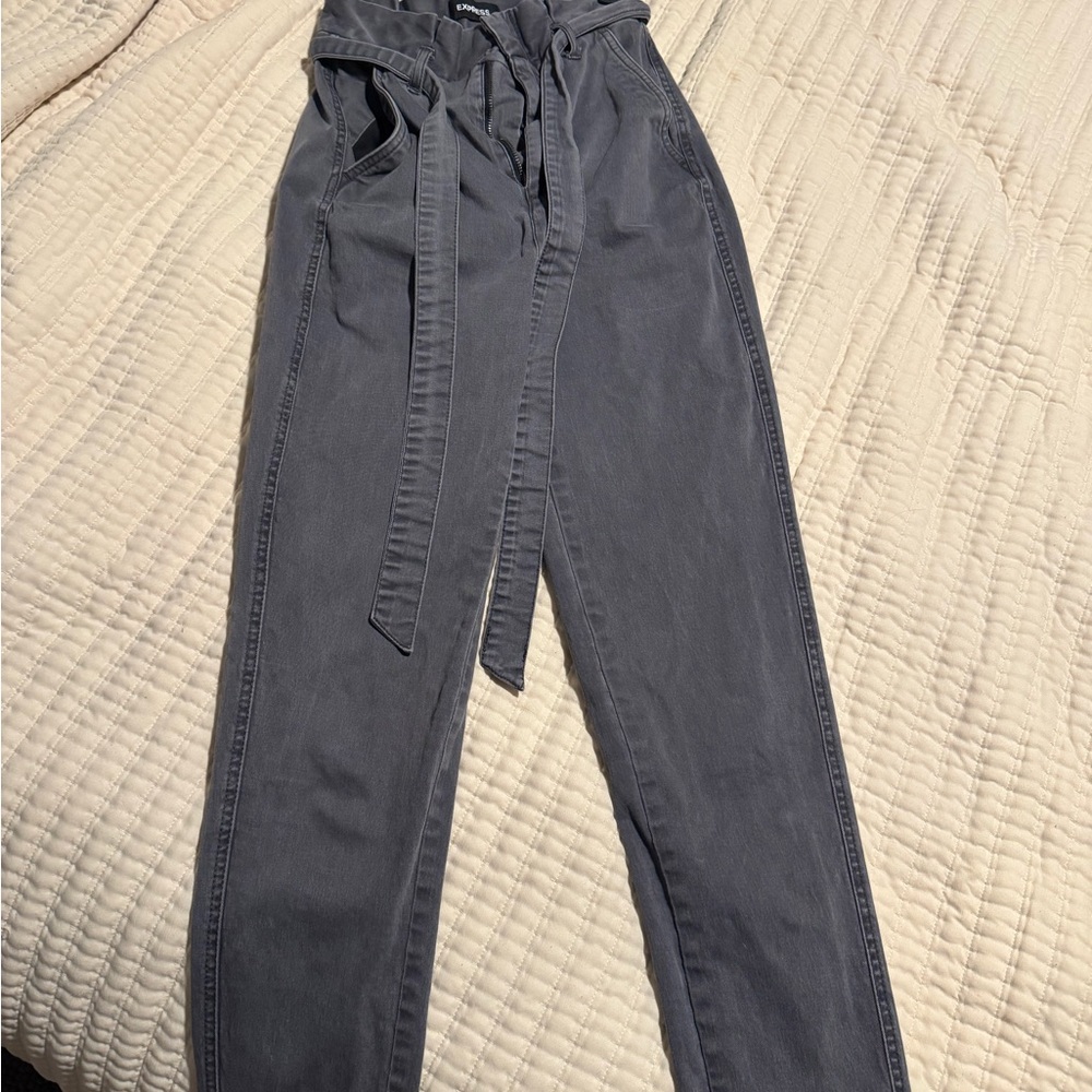 Gray High-Waisted Paperbag Pants